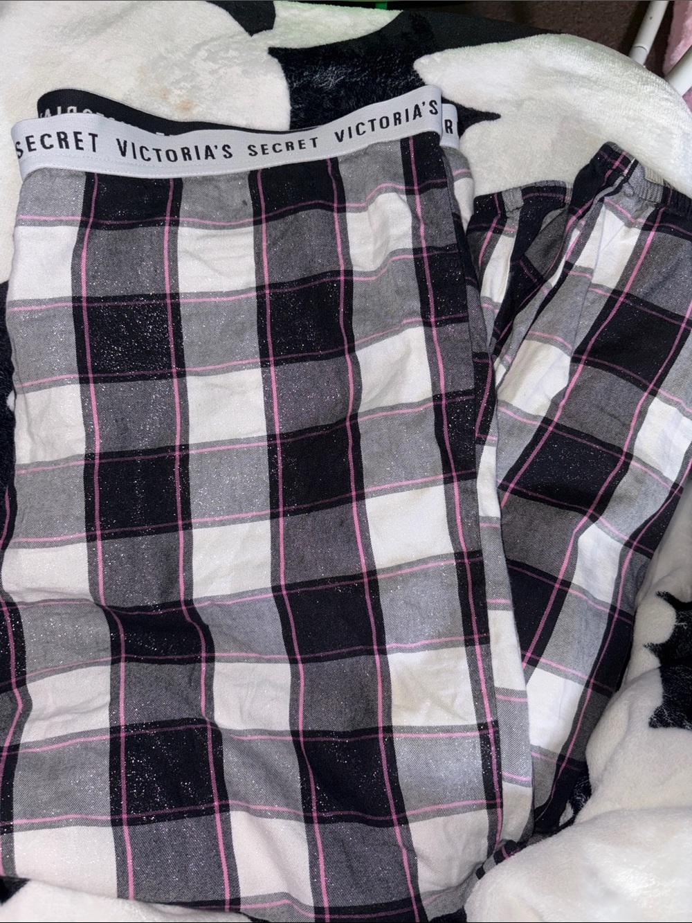 Victoria's Secret Plaid Pajama Bottoms - Black, White & Pink Trim